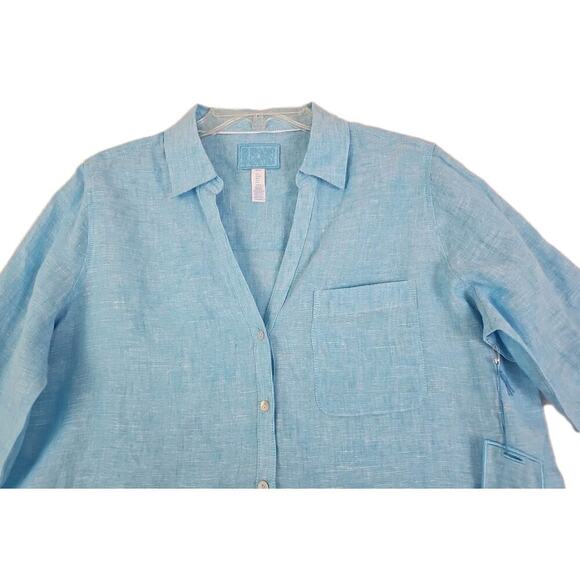 Sigrid Olsen~Woman Size~M~Linen Shirt Long Sleeve Roll Tab Blue Beachy Lagenlook - Picture 11 of 16